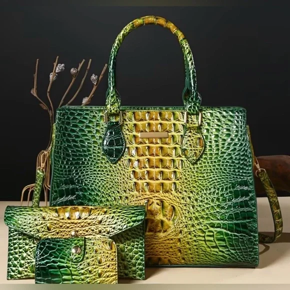 Elegant Green and Yellow Crocodile Pattern Handbag Set NWT - Picture 2 of 6